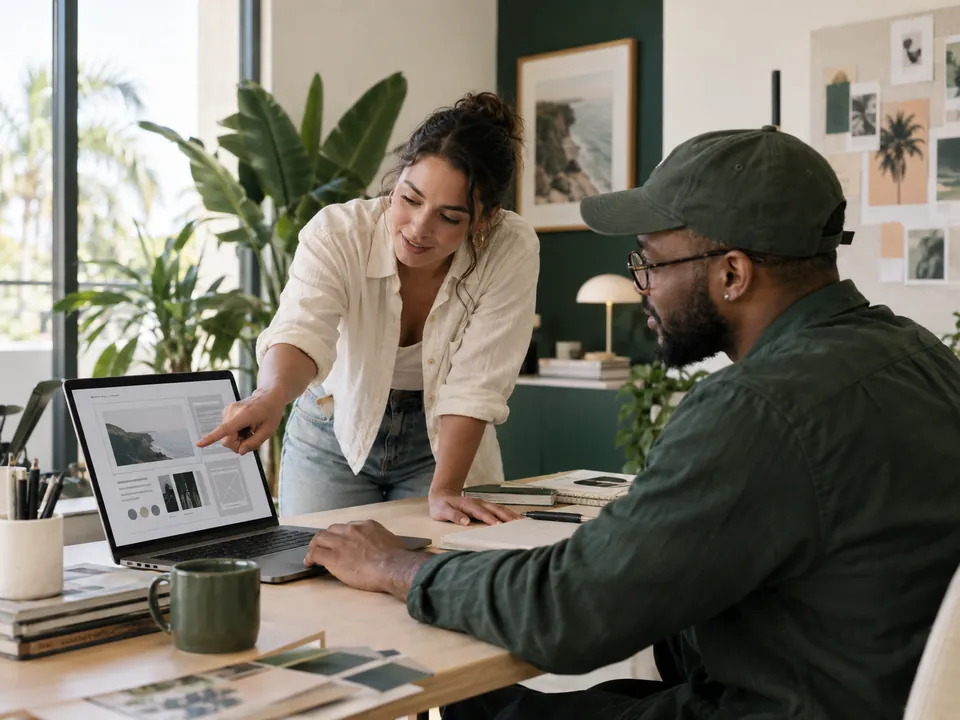 Agency designer and web developer reviewing an approved website design