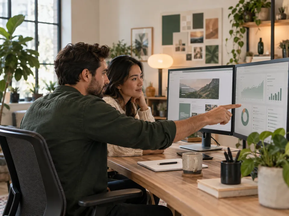 Developer and marketing strategist reviewing a campaign landing page and analytics