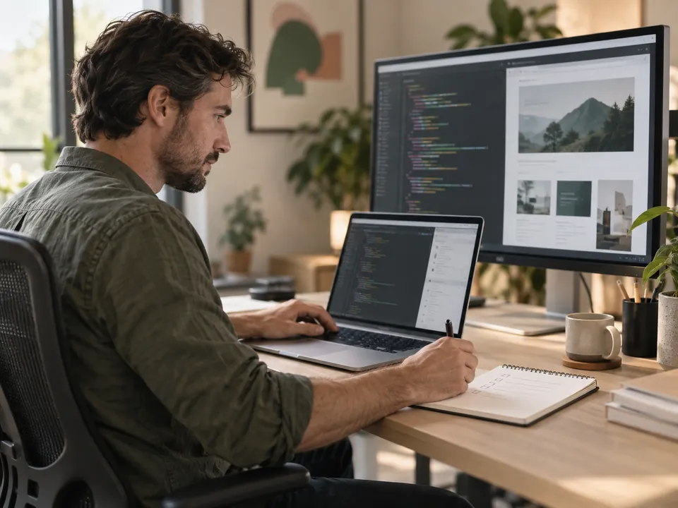 Web developer resolving a technical backlog at a studio desk